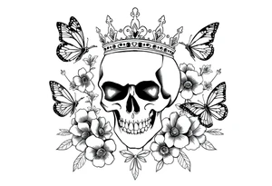 ornate skull adorned with gothic crown surrounded by boho flowers and butterflies tattoo idea