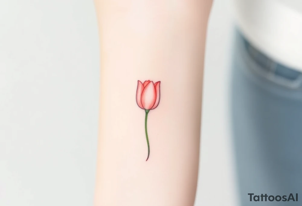 A simple tulip tattoo idea could be a single, delicate tulip stem with clean, minimal lines. The tulip’s petals are soft and slightly curved, drawn in a light pastel color, like pink or peach, symbolizing love and elegance. The stem is thin and graceful, with a subtle green hue. A gentle shadow under the petals adds depth without complicating the design. This tattoo would work well on the wrist, ankle, or behind the ear for a subtle, feminine look. tattoo idea