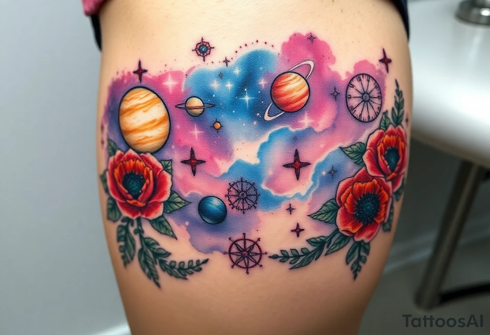 Milky way galaxy with planets with zodiac symbols and protection runes with red roses and sunflowers tattoo idea