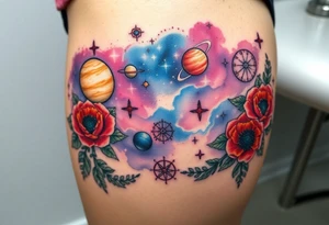 Milky way galaxy with planets with zodiac symbols and protection runes with red roses and sunflowers tattoo idea