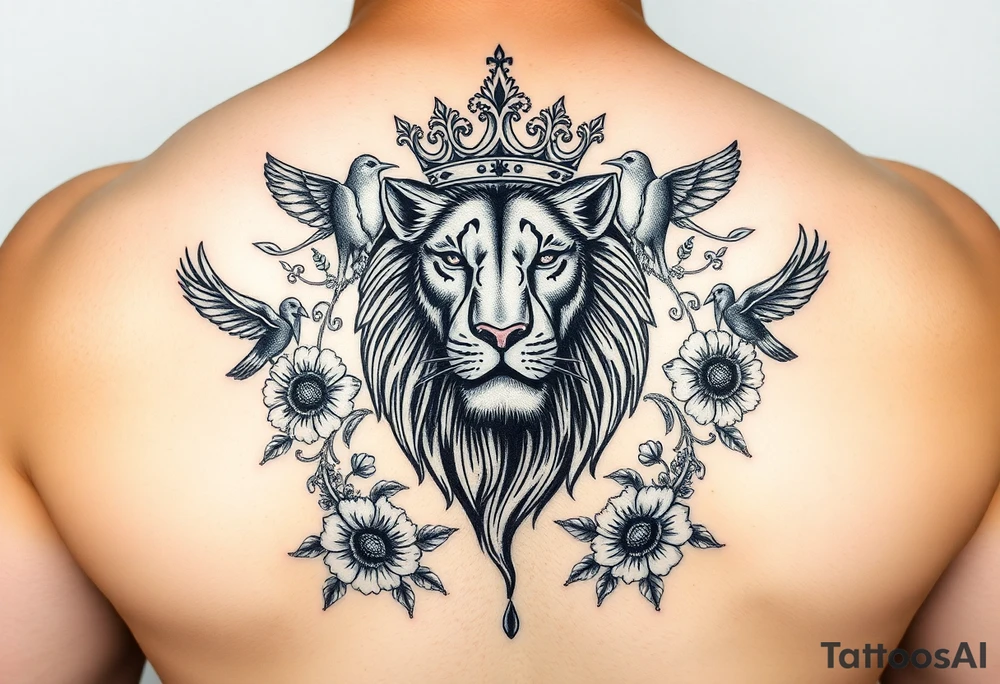powerful majestic lion with a crown, surrounded by floral ornaments and birds tattoo idea