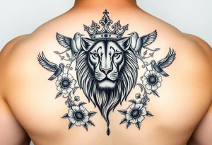 powerful majestic lion with a crown, surrounded by floral ornaments and birds tattoo idea