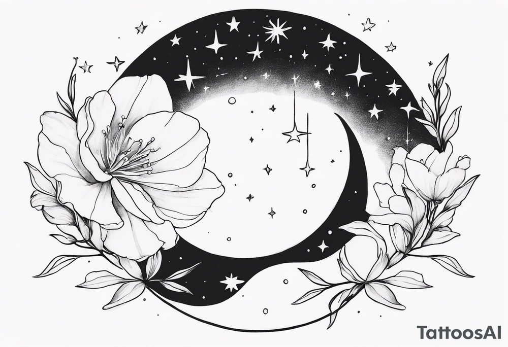 Cancer constellation with Alstroemeria connecting the larger stars, Crescent moon, Saturn and mercury tattoo idea