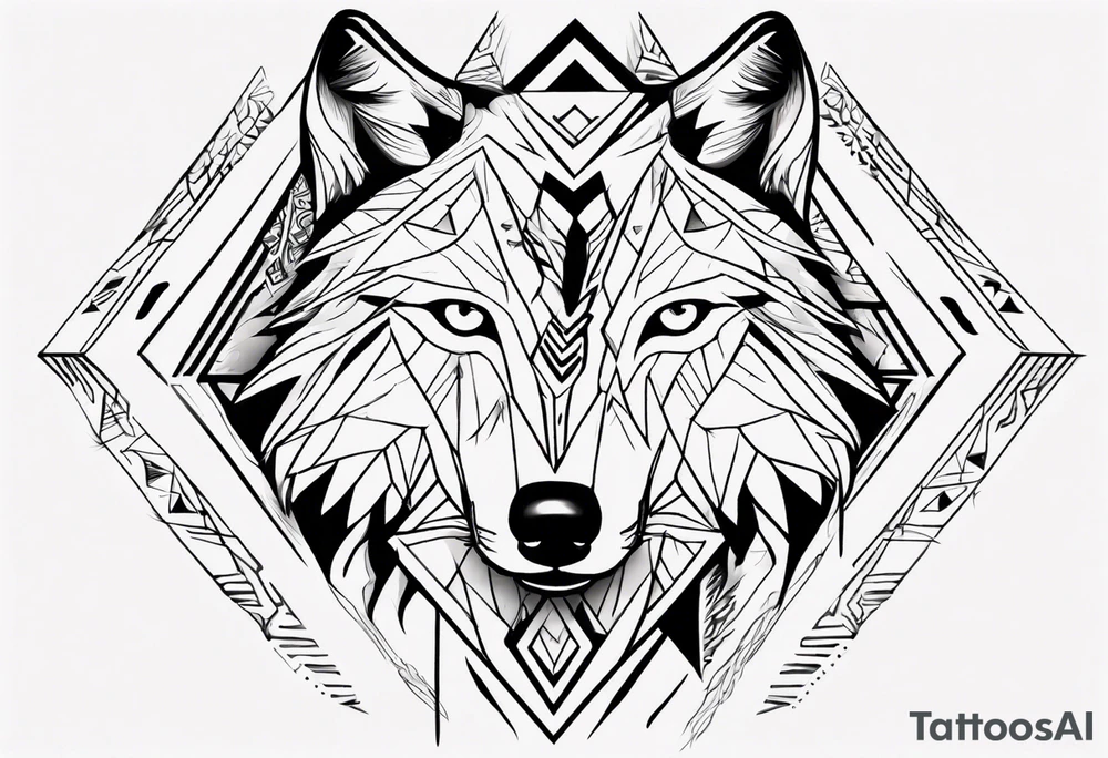 Wolf's face with geometric patterns flowing from it along with impressions of trees, a forest tattoo idea