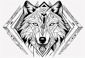 Wolf's face with geometric patterns flowing from it along with impressions of trees, a forest tattoo idea