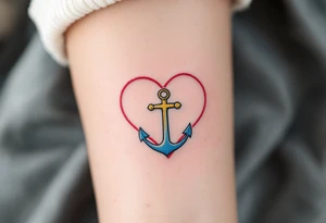 Tiny black font love faith hope placed within a heart outline in red, with a gold cross on top and a blue anchor below. tattoo idea