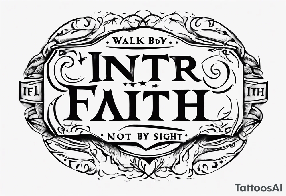 Horizontal inner bicep tattoo. “walk by faith, not by sight” stairwell wrapping around the quote. This design captures the essence of the journey guided by faith. tattoo idea