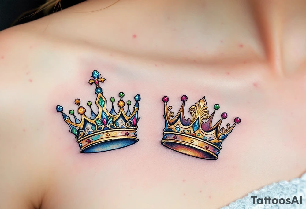 Gold-inked two royal queen and king crowns with tiny emerald and ruby details. tattoo idea