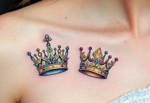 Gold-inked two royal queen and king crowns with tiny emerald and ruby details. tattoo idea