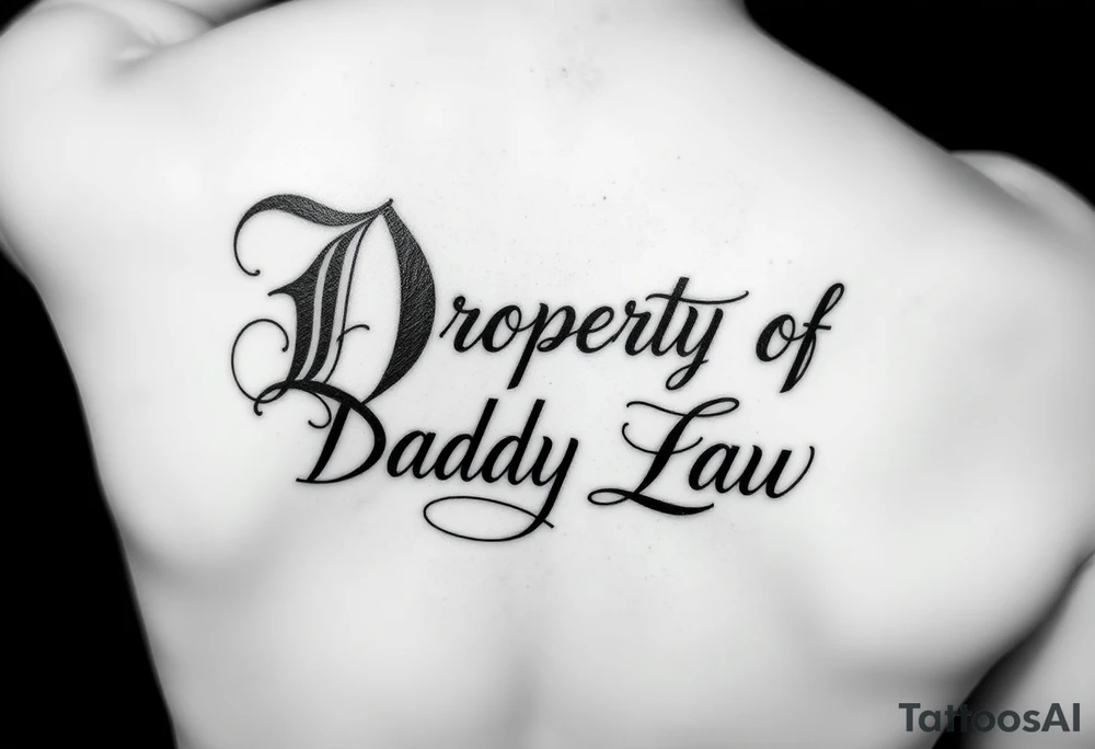 Lettering in calligraphy/cursive that says:
Property of
Daddy Law

(I want the "D" for Daddy and "L" in Law to be thick and dark) tattoo idea