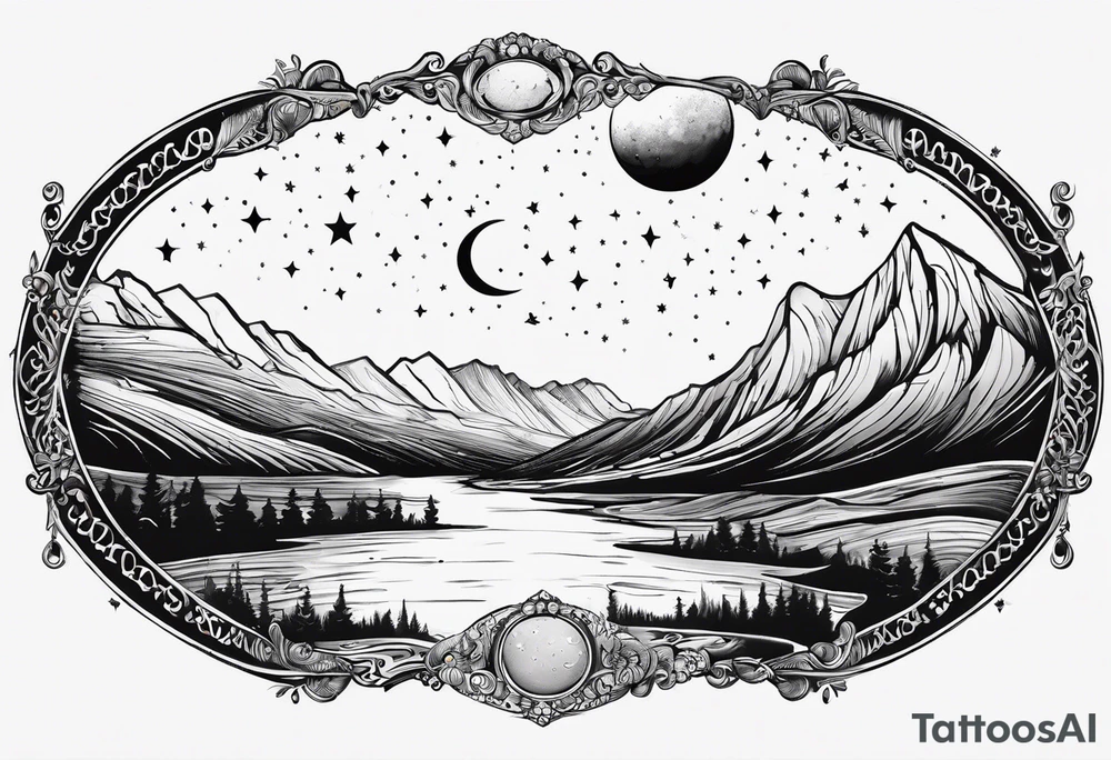 milkway behind a crescent moon big and little dipper with the name T.J. Nalani in script on the upper left hand tattoo idea