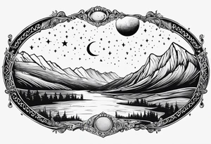 milkway behind a crescent moon big and little dipper with the name T.J. Nalani in script on the upper left hand tattoo idea