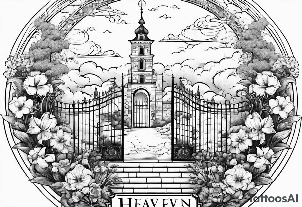 heaven town with tower houses gate entrance
in circle vignette surrounded by clouds flowers tattoo idea