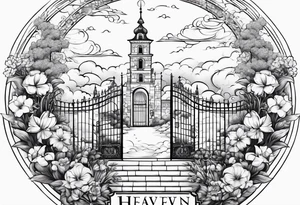heaven town with tower houses gate entrance 
 in circle vignette surrounded by clouds flowers tattoo idea