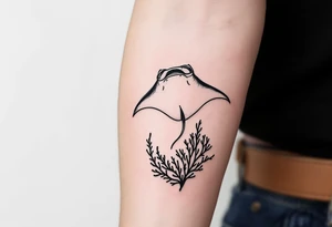 Manta Ray swimming, diver bellow, coral reef bellow for forearm tattoo idea