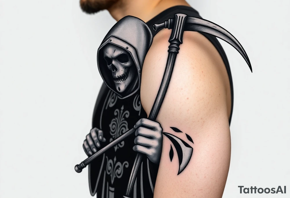 Gothic Horror Plague Doctor with Scythe – A menacing figure holding a rusted, bloodied scythe, dressed in a charcoal-black robe with intricate silver embroidery. The mask is a dull, faded gray with dark stains of time. tattoo idea