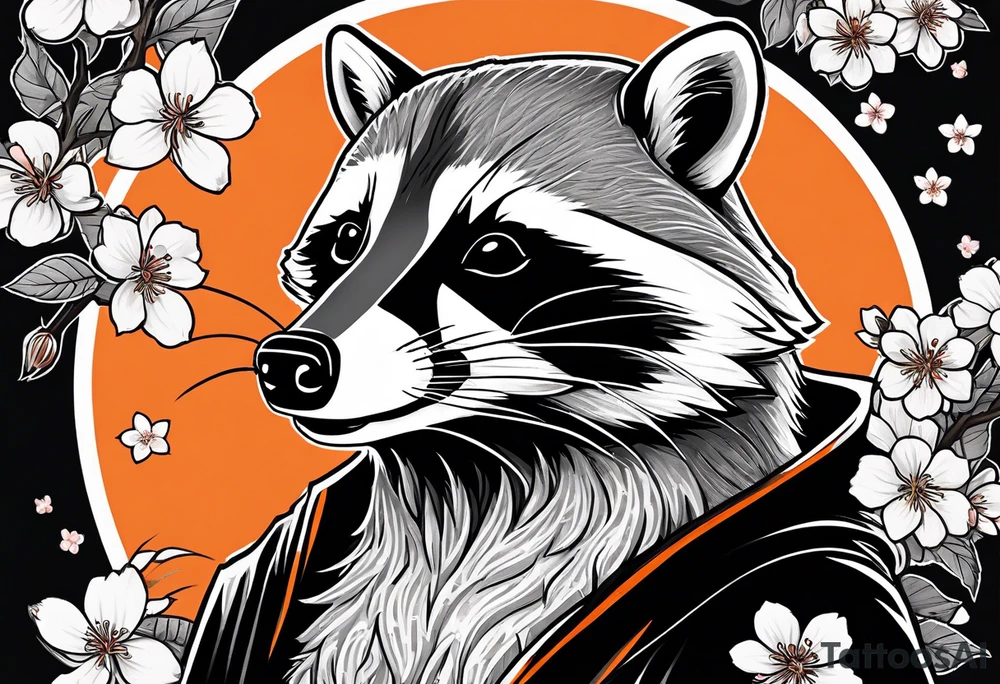 Raccoon wearing a white Superman logo on a black hoodie and orange Japanese cherry blossoms beside tattoo idea