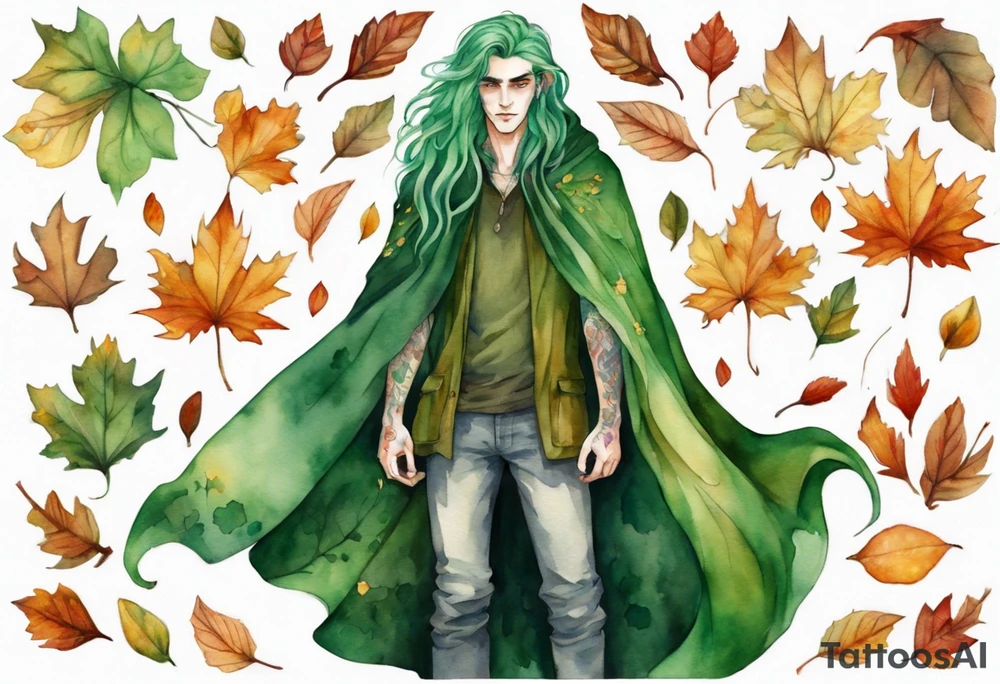 A tall, beautiful 19 year old man with autumn leaves in his long green hair, green skin and a cloak covered with flowers. tattoo idea
