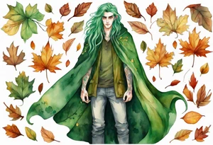 A tall, beautiful 19 year old man with autumn leaves in his long green hair, green skin and a cloak covered with flowers. tattoo idea