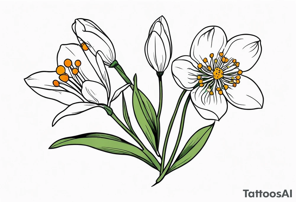 One snowdrop, One hawthorn flower, and Two honeysuckle blooms, tattoo idea