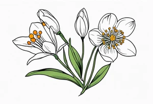 One snowdrop, One hawthorn flower, and Two honeysuckle blooms, tattoo idea