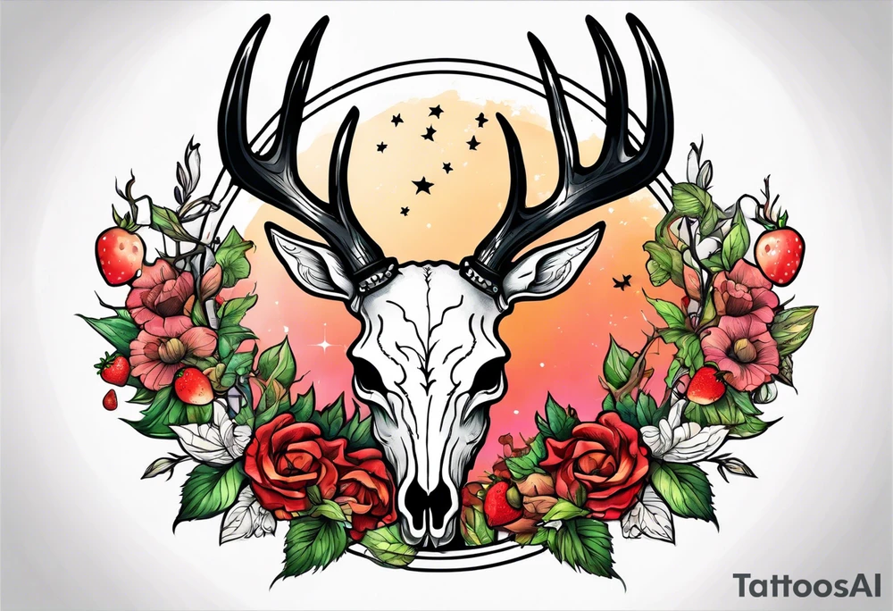A deer skull. The astrological sign for Aries and Taurus hanging from the antlers. There should be some strawberry imagery in it also. tattoo idea
