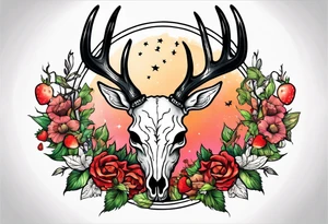 A deer skull. The astrological sign for Aries and Taurus hanging from the antlers. There should be some strawberry imagery in it also. tattoo idea