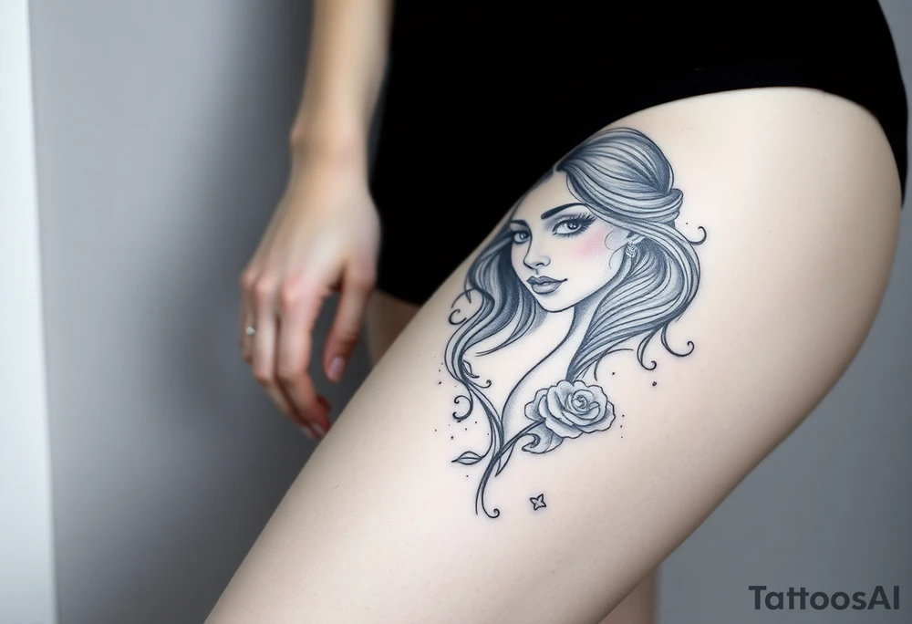Full thigh tattoo with pretty girl and art work tattoo idea