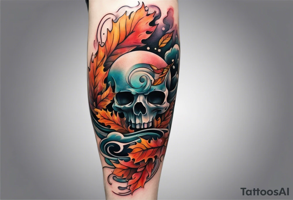 Knee tattoo in fall colors with water flow washes tattoo idea