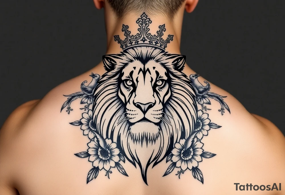 powerful majestic lion with a crown, surrounded by floral ornaments and birds tattoo idea