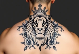powerful majestic lion with a crown, surrounded by floral ornaments and birds tattoo idea
