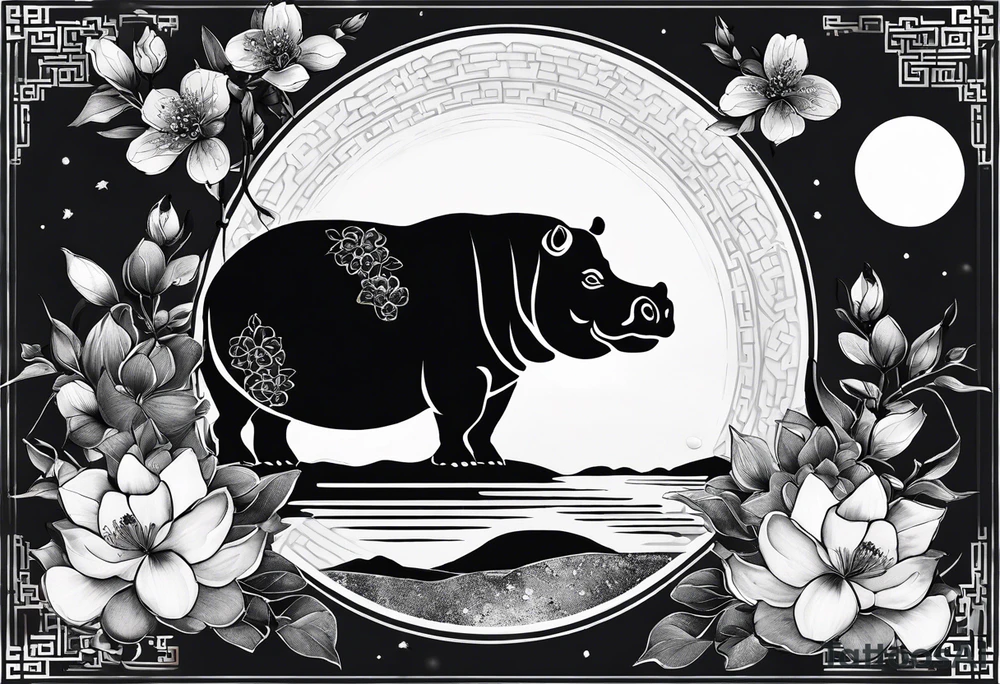 Asymmetrical, geometric, chinese ink art touch, hippo , full moon, wintersweet flower, light , modify from my favourite, s-shape tattoo idea