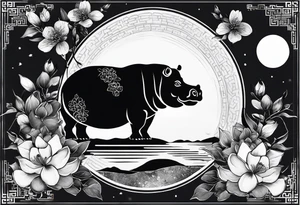 Asymmetrical, geometric, chinese ink art touch, hippo , full moon, wintersweet flower, light , modify from my favourite, s-shape tattoo idea