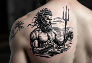 young, happy, fit, very short hair, poseidon in calm water, holding a trident, drinking a beer, with sunset, with ski boat tattoo idea