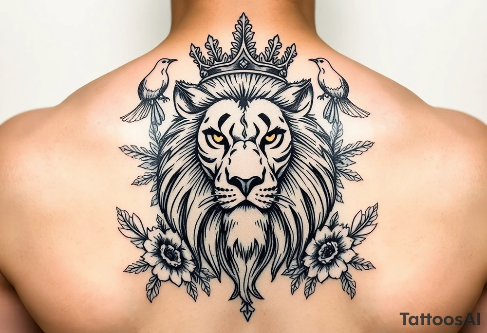 powerful majestic lion with a crown, surrounded by floral ornaments and birds tattoo idea