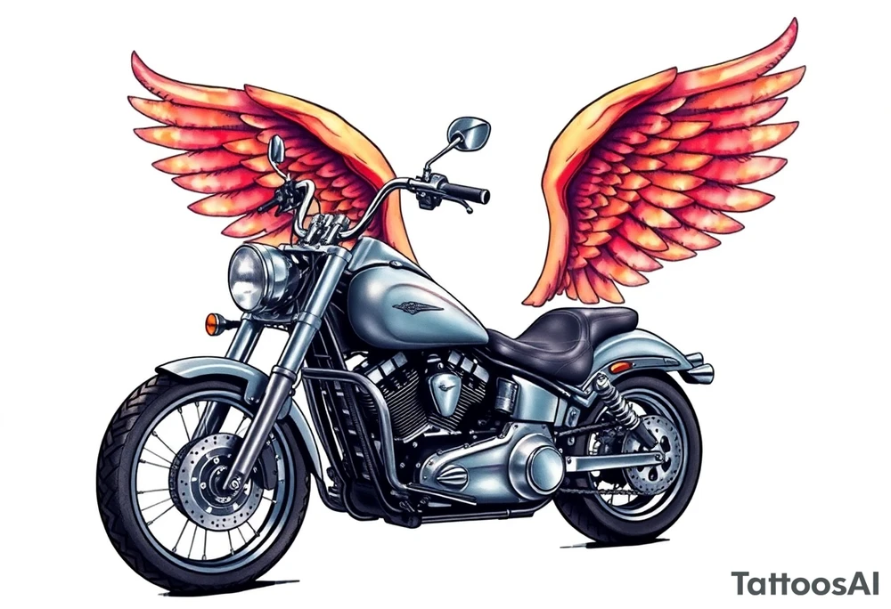 Low rider grey motorcycle, big muffler pipes with flames, angel wings, driving away, no person tattoo idea