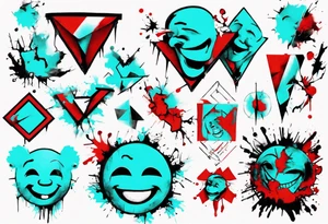 BANKSY ART STYLE,  cyan and red, acquarel, abstract, damage done, realistic smile, romancistic, geometric, single flash image tattoo idea