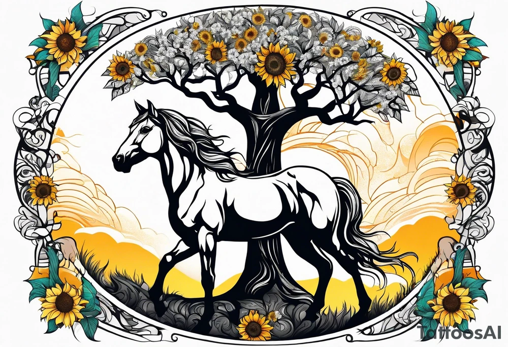 Yggdrasil tree, horse in front of it, and sunflowers tattoo idea