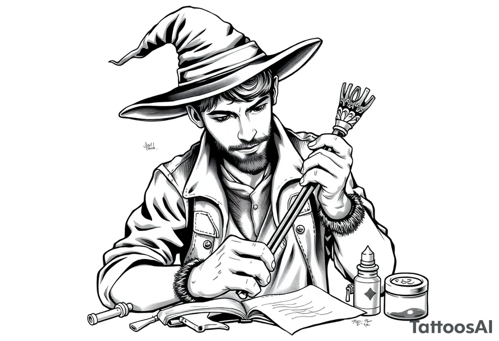Young guy is exploring witch supplies, tools, equipment tattoo idea Young guy is exploring witch supplies, tools, equipment tattoo idea