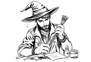 Young guy is exploring witch supplies, tools, equipment tattoo idea
