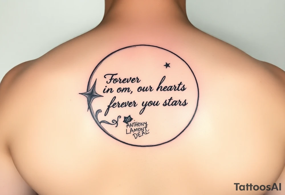 Big half moon with writing inside saying Forever in our hearts forever in the stars 
RIP 
ANTHONY LAMONT DEAL tattoo idea