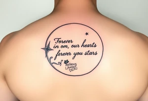 Big half moon with writing inside saying Forever in our hearts forever in the stars 
RIP 
ANTHONY LAMONT DEAL tattoo idea