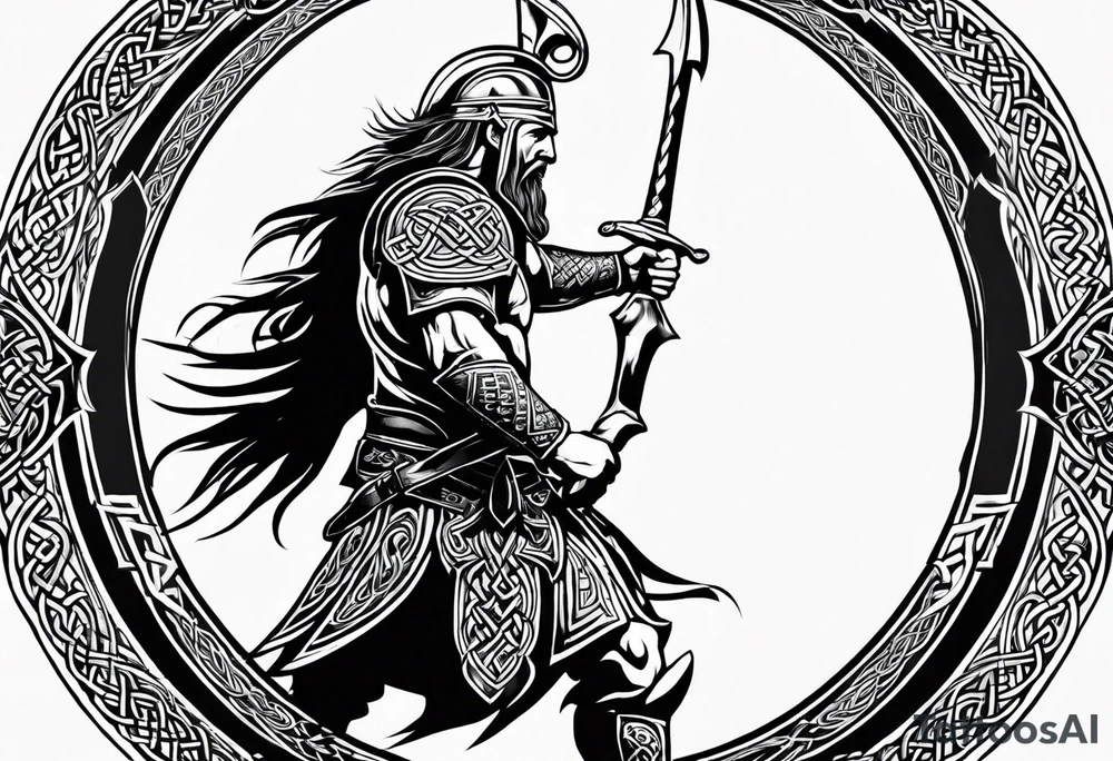 Side profile full body of Celtic warrior walking into battle tattoo idea
