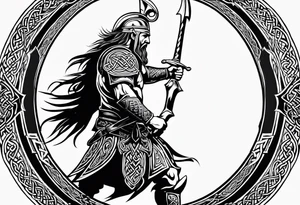 Side profile full body of Celtic warrior walking into battle tattoo idea