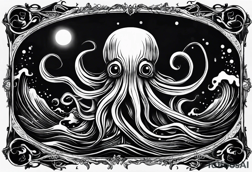 A visual representation of the horror squid concept, showing the squid becoming invisible in ink, its body turning black to blend in with its deep sea environment. The overall environment is dark, creating an eerie underwater atmosphere. tattoo idea