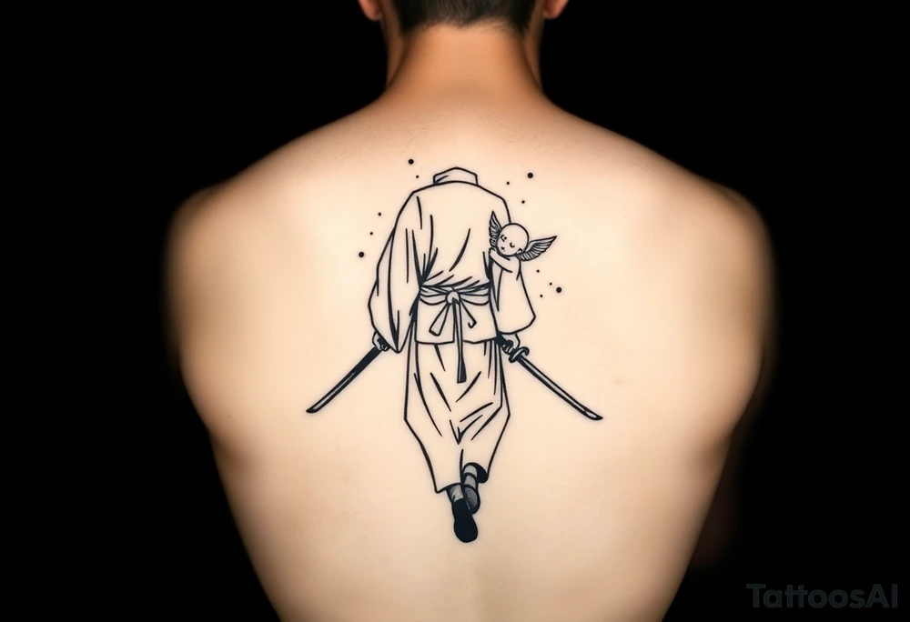 "Blackwork tattoo sketch of a lone samurai walking forward, shown in dramatic silhouette style. The samurai wears traditional kimono and hakama, holding a katana in one hand with the blade pointing downward. Behind him floats a small child angel with detailed feathered wings, gently touching the samurai’s back with one hand, as if stopping or guiding him. Strong contrast, dynamic ink splatter, rough brush strokes, Japanese sumi-e vibe, emotional and symbolic composition, high detail linework, no background." tattoo idea
