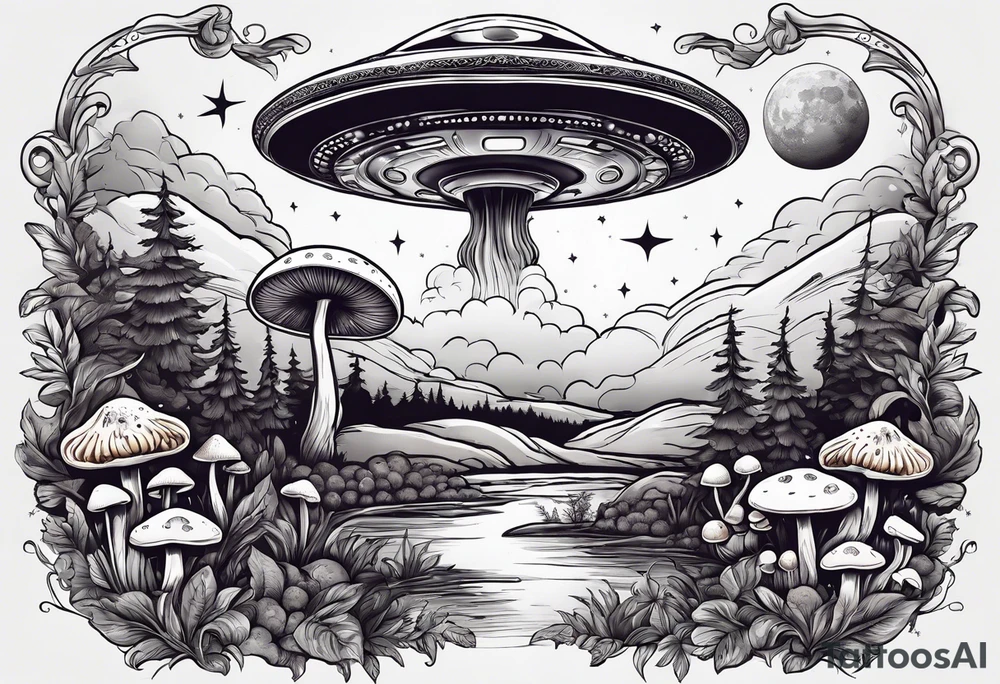 ufo in sky, mushrooms, moon, plants tattoo idea