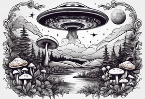 ufo in sky, mushrooms, moon, plants tattoo idea