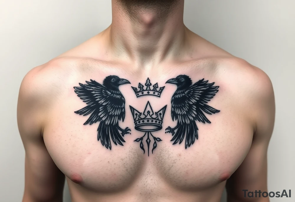 Chest tattoo, two ravens and icelandic symbols, dark brest tattoo, crown betwen ravens tattoo idea