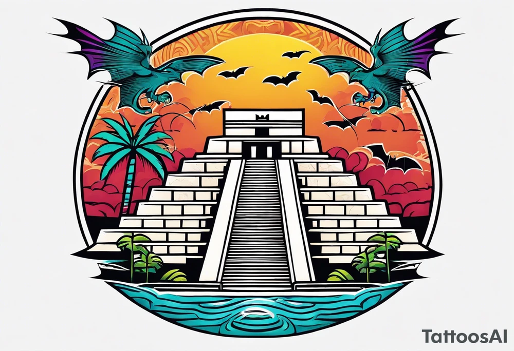 Colorful ancient Mayan hieroglyph wearing sunglasses reflecting Chichen itza and bats. Waves. tattoo idea